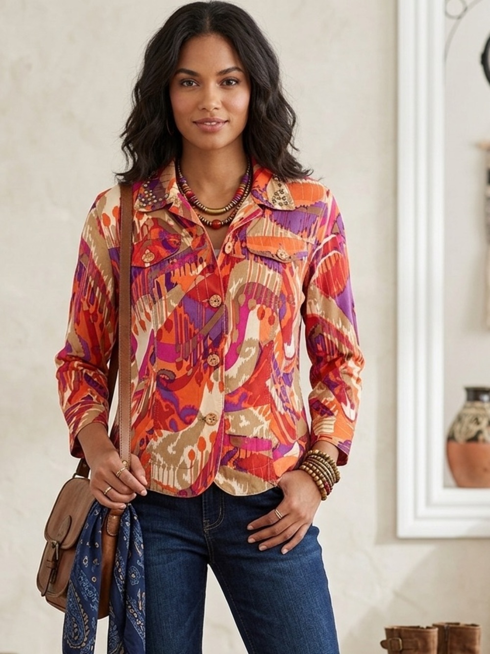 RUBY RD Multicolor Patterned Beaded Linen Jacket wooded button closure SZ:10 ECU